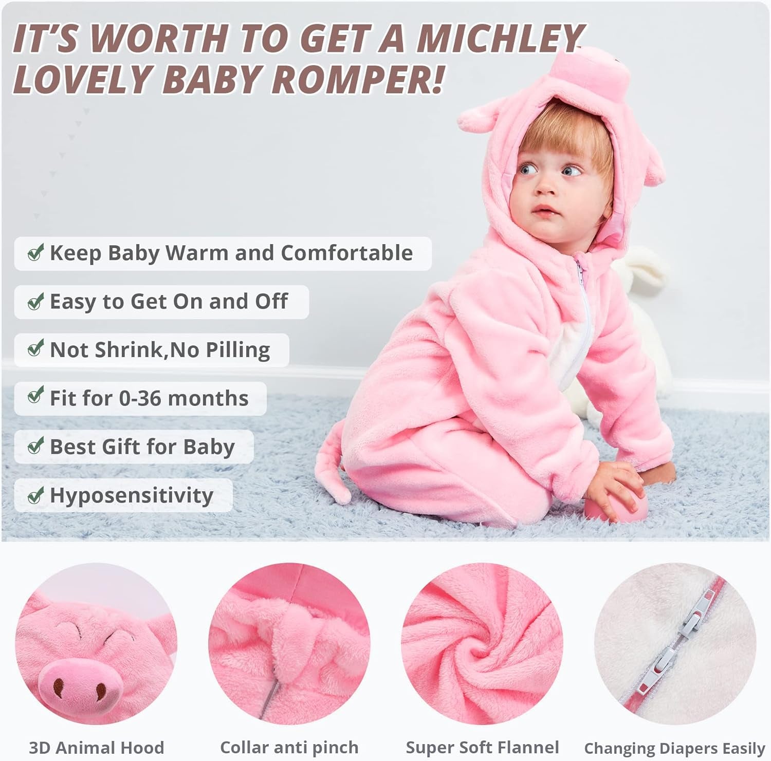 Unisex Baby Animal Flannel Hooded Romper Cosplay Jumpsuit for Halloween and Winter, Sizes 0-5T, Machine Washable