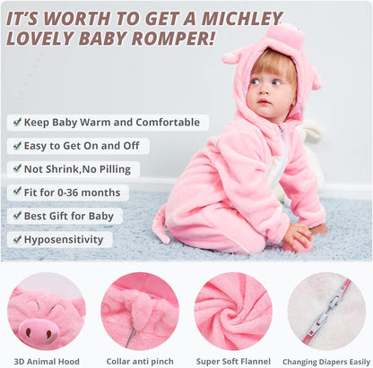 Unisex Baby Animal Flannel Hooded Romper Cosplay Jumpsuit for Halloween and Winter, Sizes 0-5T, Machine Washable
