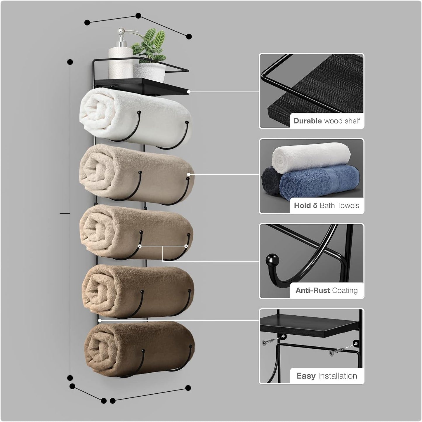 5-Tier Metal Towel Rack with Wooden Shelf - Wall-Mounted Bathroom Storage for Towels, Washcloths, Linens, and Accessories