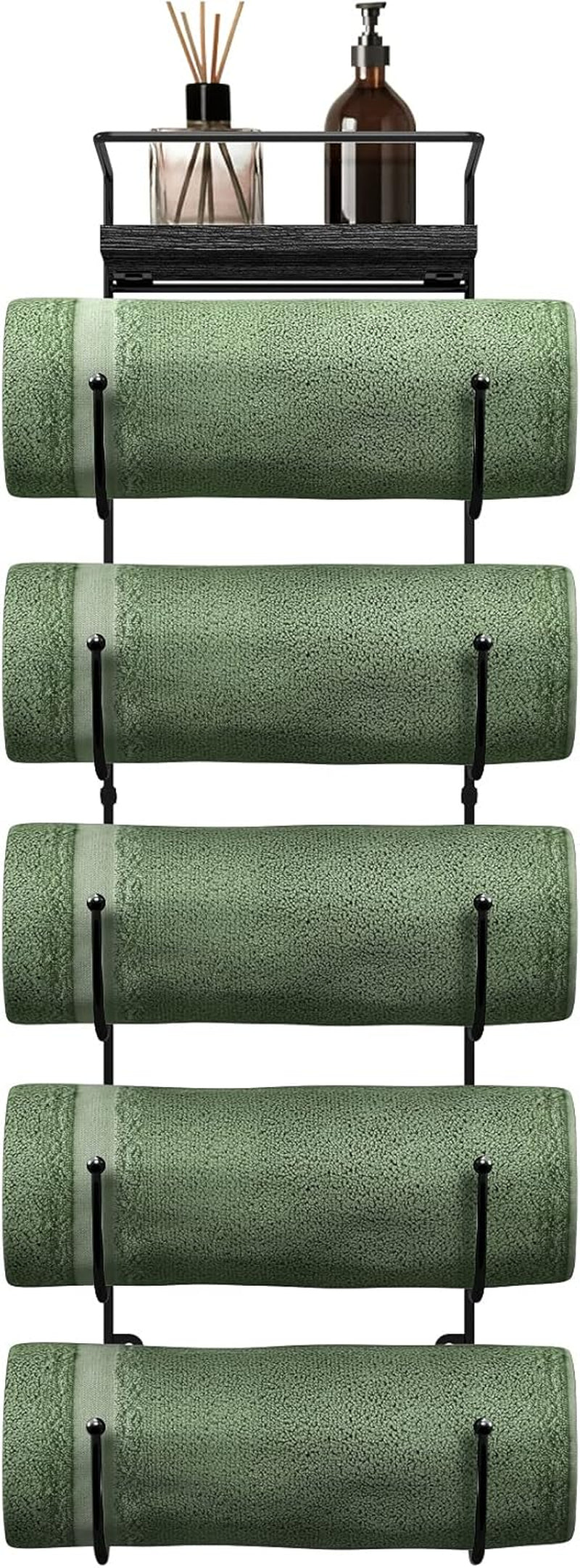 5-Tier Metal Towel Rack with Wooden Shelf - Wall-Mounted Bathroom Storage for Towels, Washcloths, Linens, and Accessories