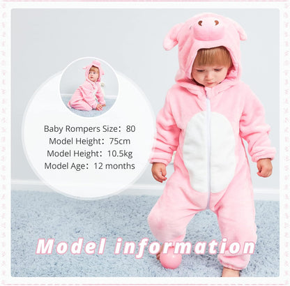Unisex Baby Animal Flannel Hooded Romper Cosplay Jumpsuit for Halloween and Winter, Sizes 0-5T, Machine Washable