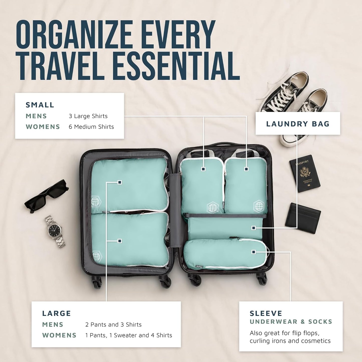 Ultralight Compression Packing Cubes Set for Carry-On Luggage - 6-Pack Ripstop Organizers Featuring Compression Zippers