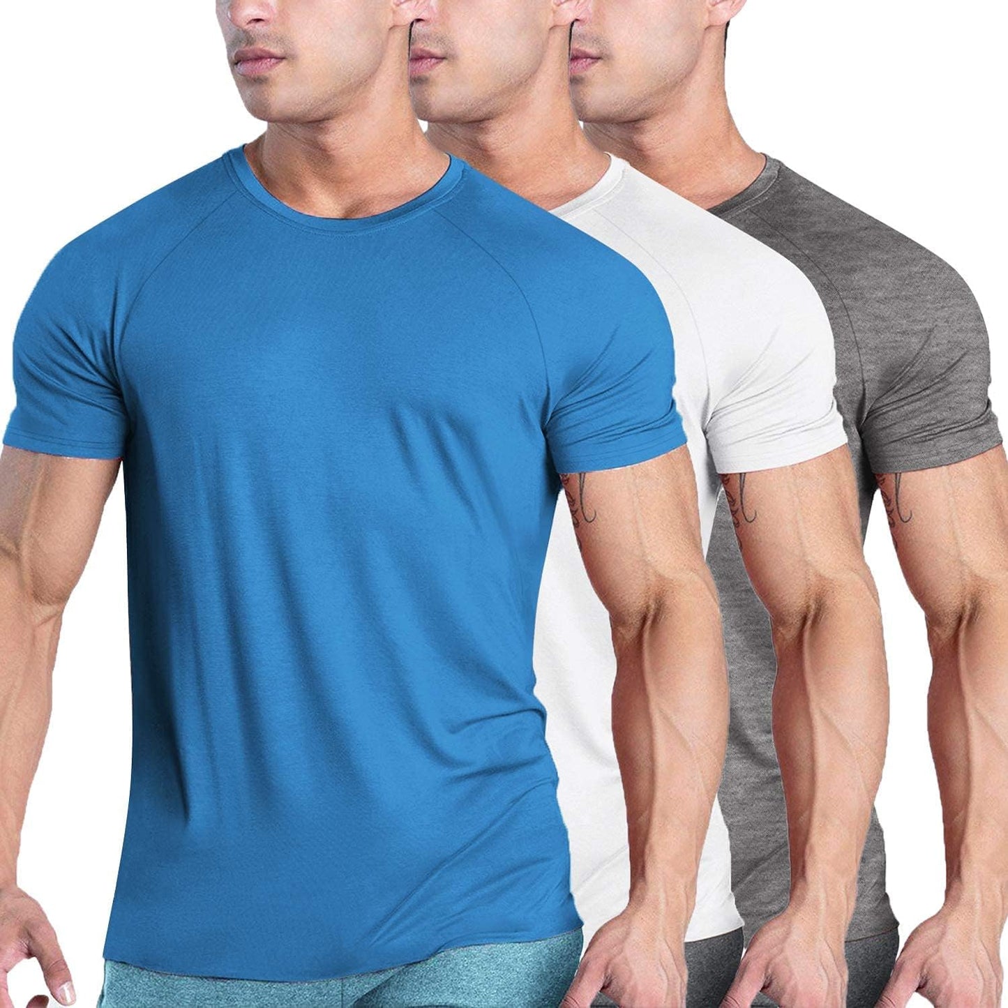 Men's 3-Pack Short Sleeve Athletic Performance T-Shirts | Raglan Sleeve, Crew Neck, Moisture-Wicking Lightweight Cooling Shirts for Gym, Tennis, and Hiking Activities