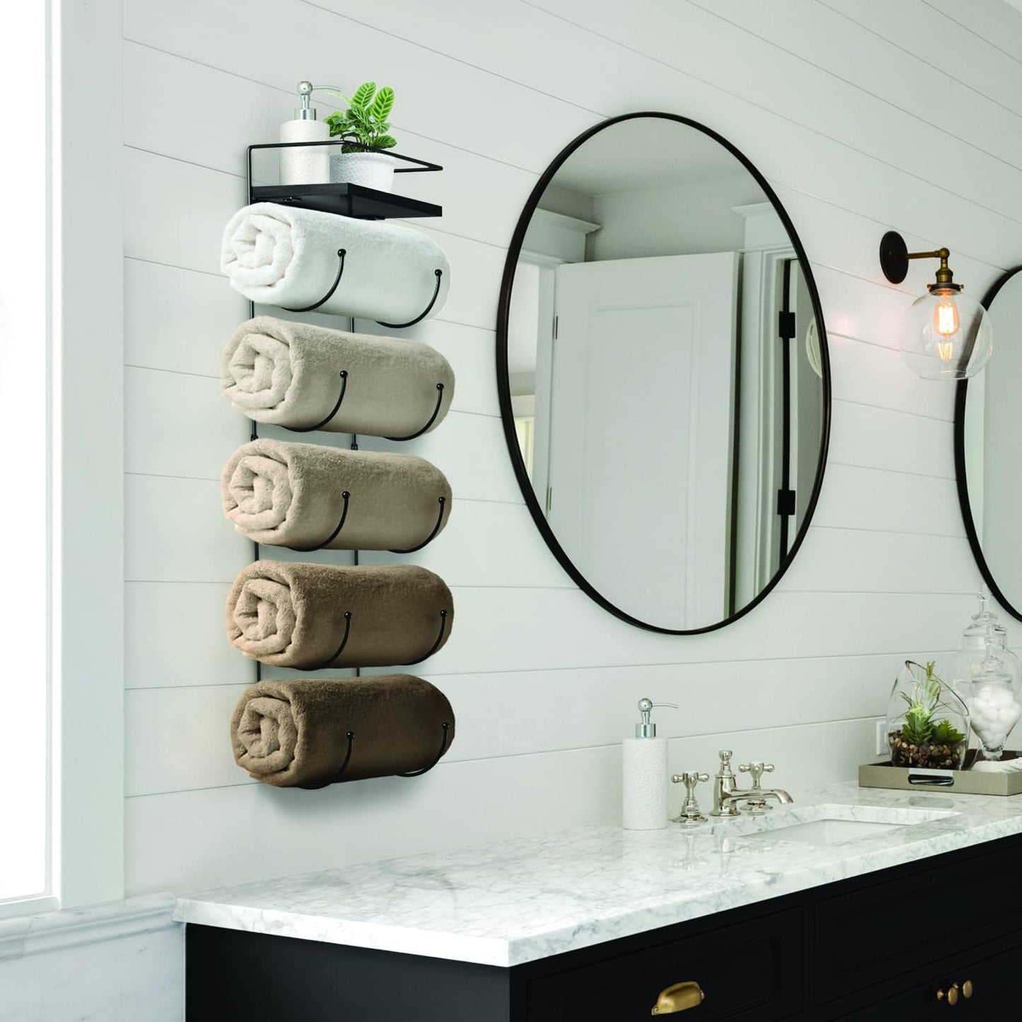 5-Tier Metal Towel Rack with Wooden Shelf - Wall-Mounted Bathroom Storage for Towels, Washcloths, Linens, and Accessories