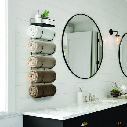 5-Tier Metal Towel Rack with Wooden Shelf - Wall-Mounted Bathroom Storage for Towels, Washcloths, Linens, and Accessories
