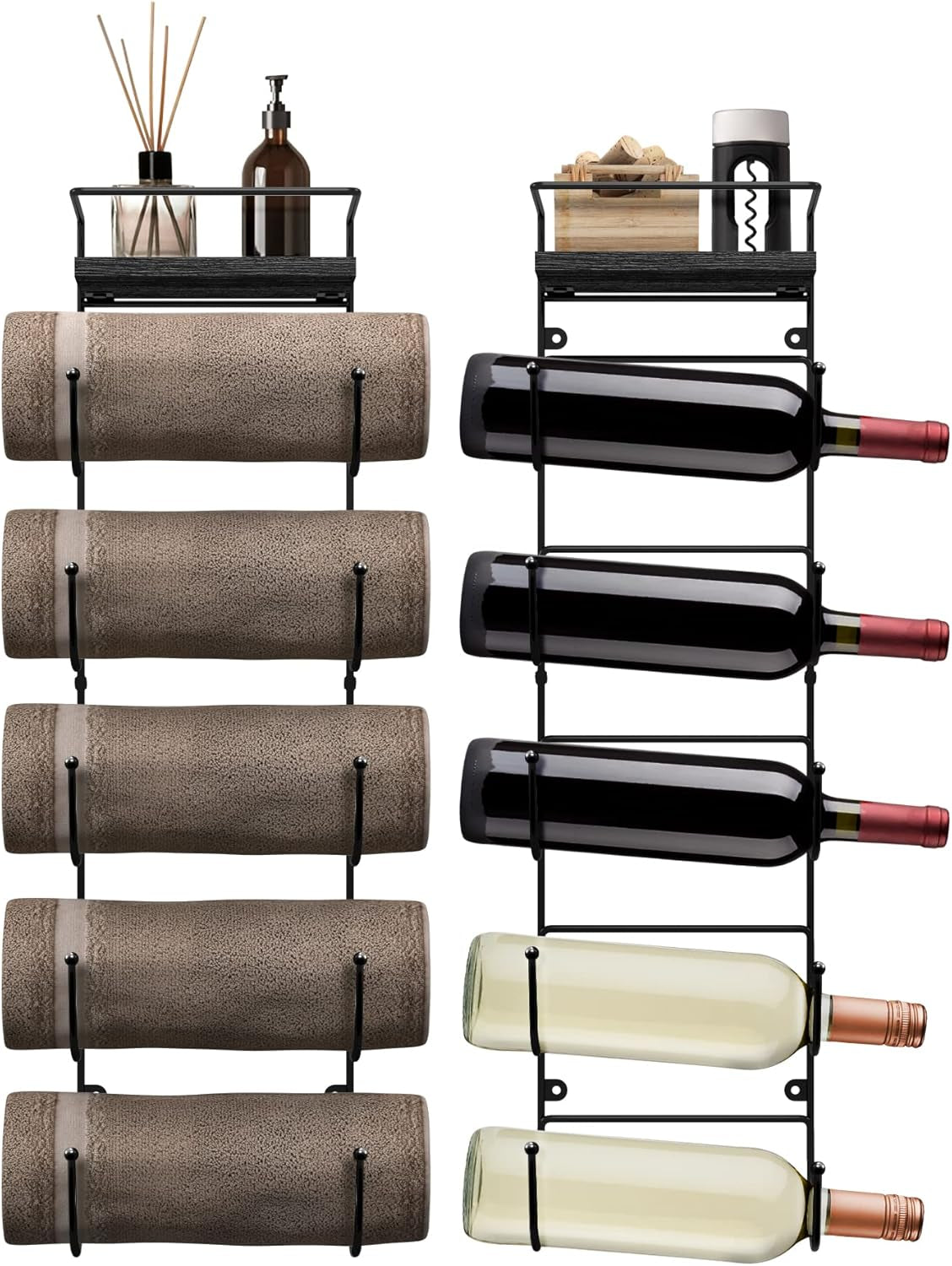5-Tier Metal Towel Rack with Wooden Shelf - Wall-Mounted Bathroom Storage for Towels, Washcloths, Linens, and Accessories