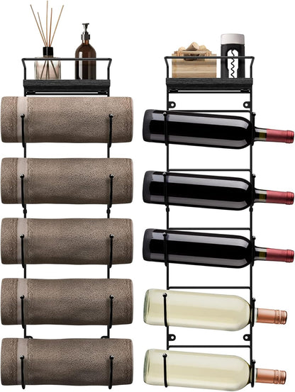 5-Tier Metal Towel Rack with Wooden Shelf - Wall-Mounted Bathroom Storage for Towels, Washcloths, Linens, and Accessories
