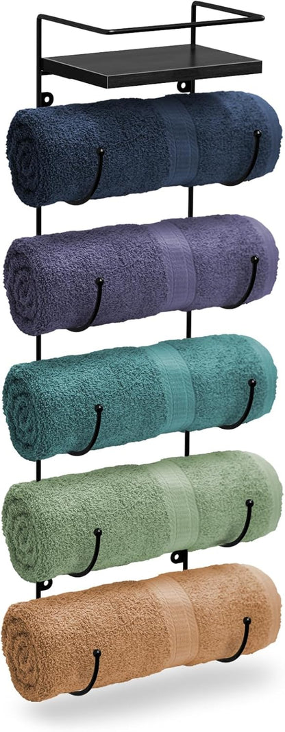 5-Tier Metal Towel Rack with Wooden Shelf - Wall-Mounted Bathroom Storage for Towels, Washcloths, Linens, and Accessories