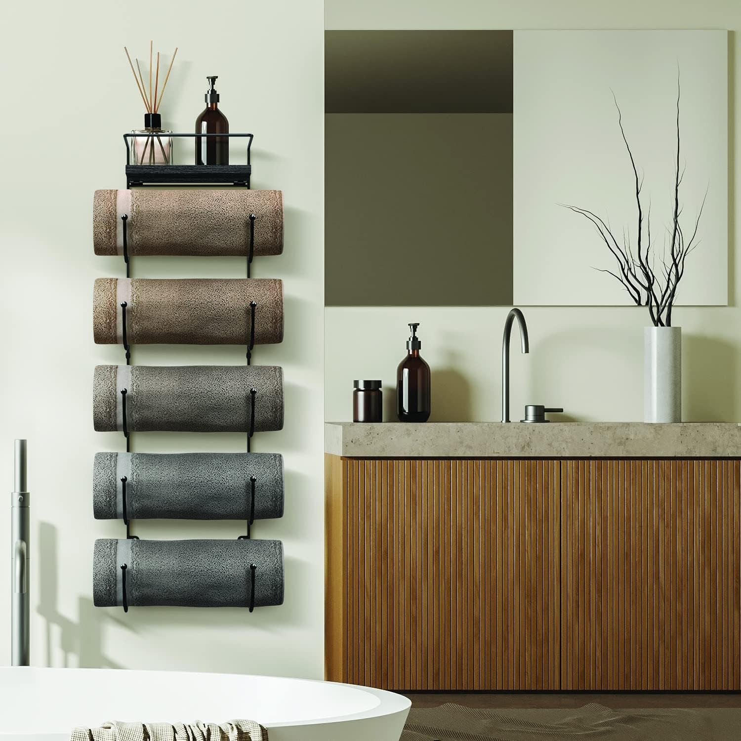 5-Tier Metal Towel Rack with Wooden Shelf - Wall-Mounted Bathroom Storage for Towels, Washcloths, Linens, and Accessories