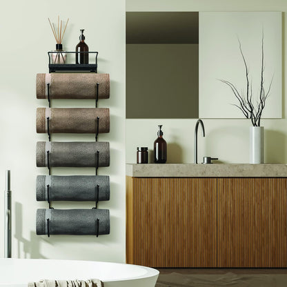 5-Tier Metal Towel Rack with Wooden Shelf - Wall-Mounted Bathroom Storage for Towels, Washcloths, Linens, and Accessories