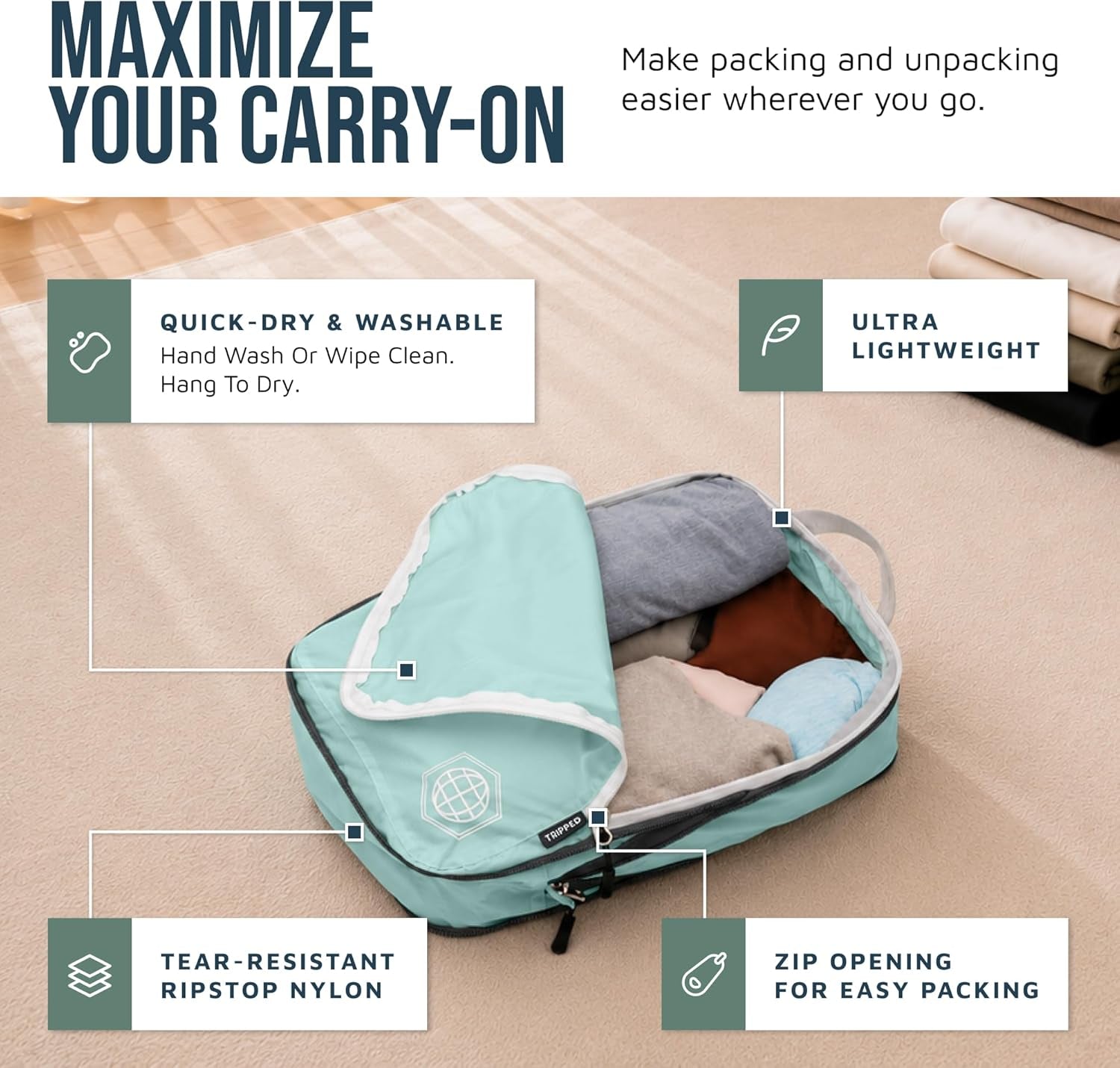 Ultralight Compression Packing Cubes Set for Carry-On Luggage - 6-Pack Ripstop Organizers Featuring Compression Zippers